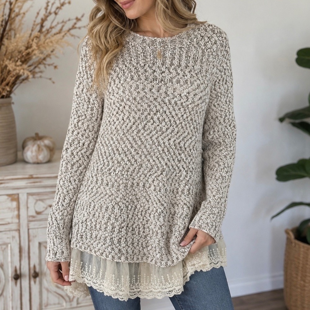 Katsumi Small Marled‎ Knit Sweater Tunic Lace Hem Cottagecore Boho Romantic Fall